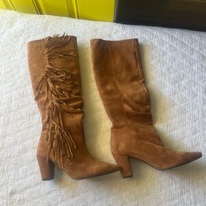 BOHO Tan Suede Fringe Heeled Boots